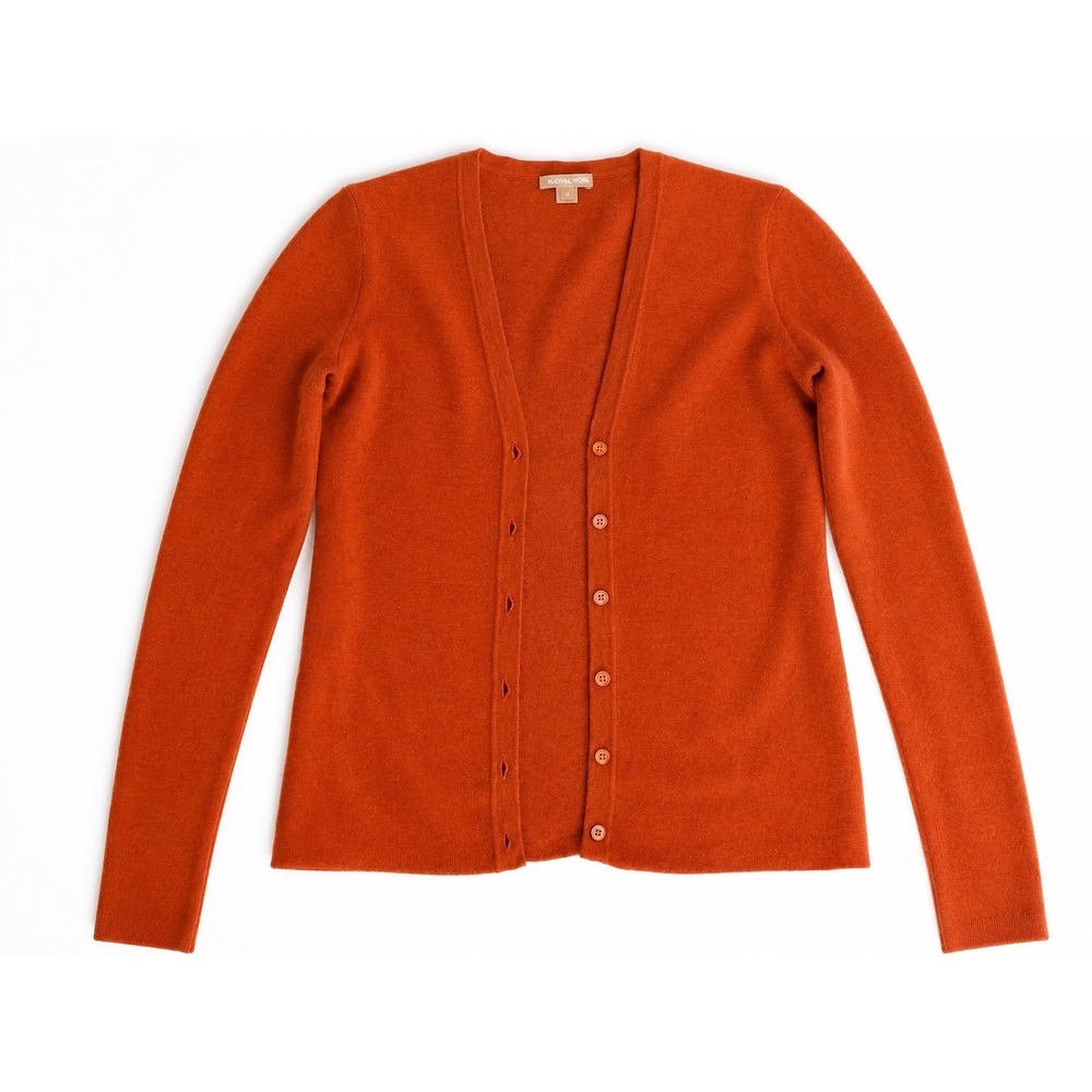 Michael Kors Sienna 100% Cashmere V-Neck Button Front Cardigan Sweater Orange S